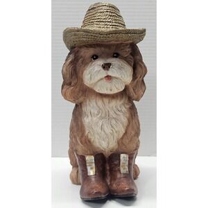 Cowboy Dog Statue Western Hat Boots Spaniel Resin Figurine Rustic Decor 11.5"